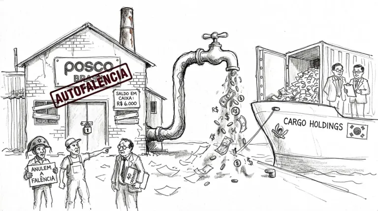Caricatura: Falência da POSCO Brazil — relatório de acompanhamento