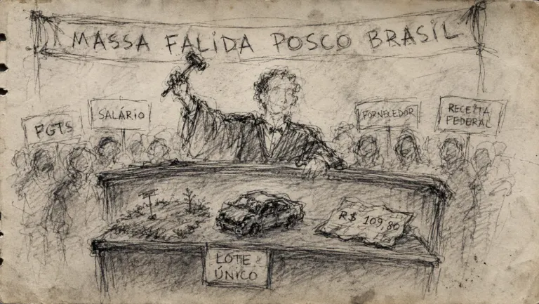 Caricatura: Gigante coreana POSCO entra com pedido de falência no Brasil após calote bilionário