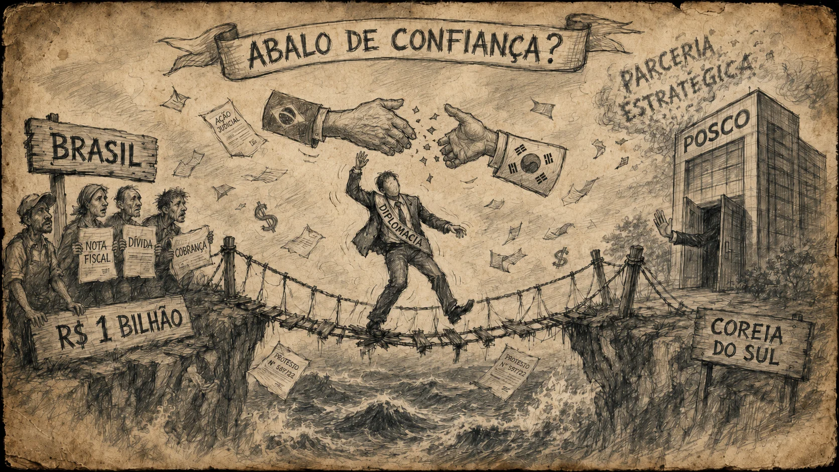 Caricatura: Dívida da POSCO ameaça confiança entre Brasil e Coreia
